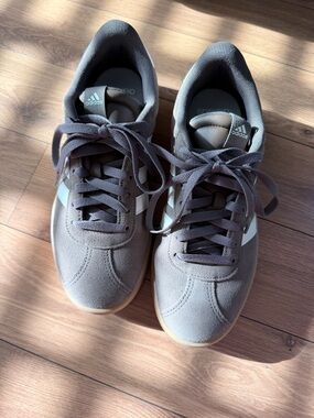 adidas brown Suede Sneakers with White Stripes and Gum Sole